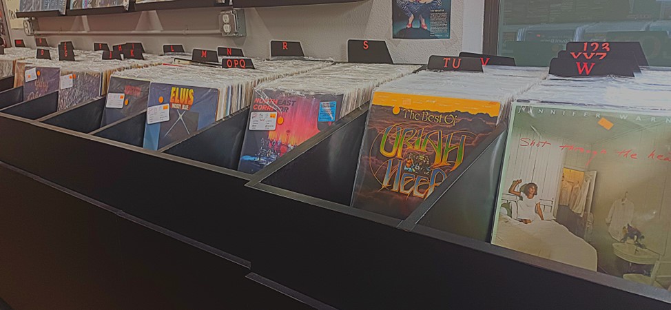 A row of records and vinyls