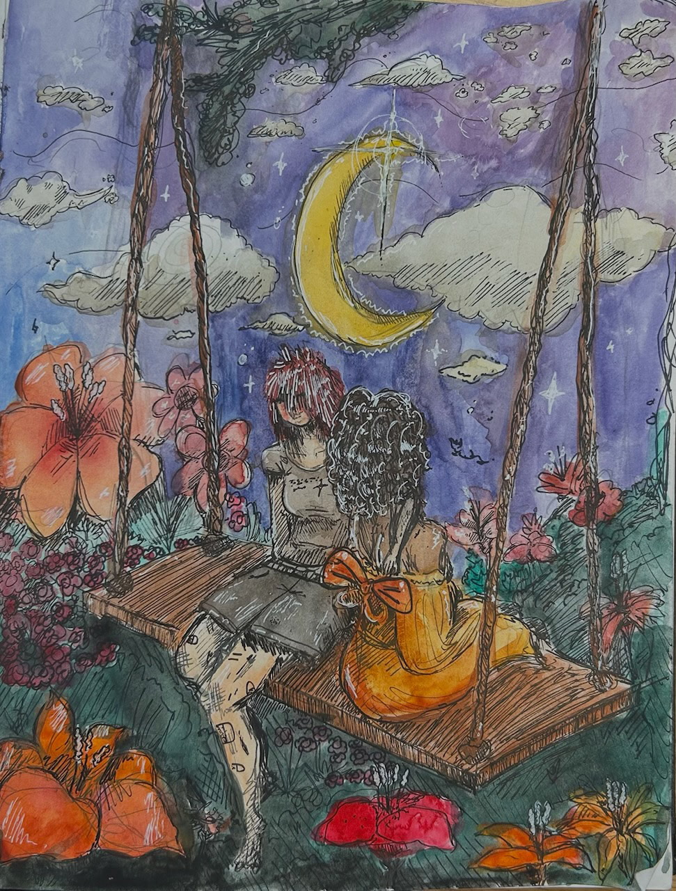 Two girls on a swing